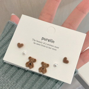 [기획/6pcs]귀여운 브라운 테디베어 곰돌이 진주 은침 귀걸이 레이어드 세트