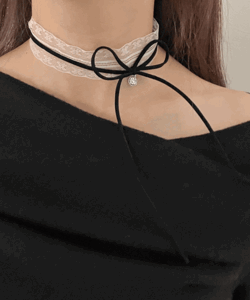 [여리여리]화이트 드레스 레이스 리본 끈 연말 파티 두줄 초커 목걸이