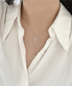 [silver925]십자가 드롭 큐빅 은목걸이